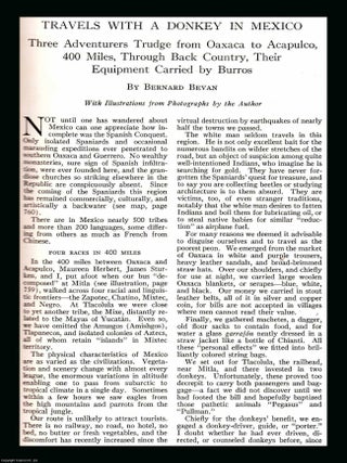 Travels with a Donkey in Mexico : Three Adventures trudge from Oaxaca to Acapulco, 400 Miles, through Back Country, their Equipment carried by Burros. An original article from the National Geographic Magazine, 1934.