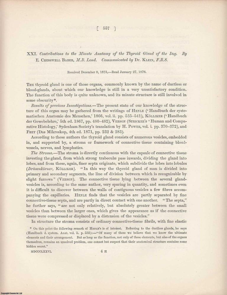 Item #239925 Contributions to the Minute Anatomy of the Thyroid Gland of the Dog. 12 pages, 2...