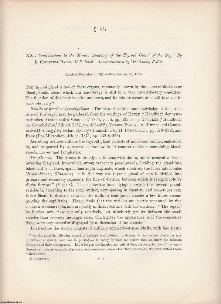 Item #239925 Contributions to the Minute Anatomy of the Thyroid Gland of the Dog. 12 pages, 2...