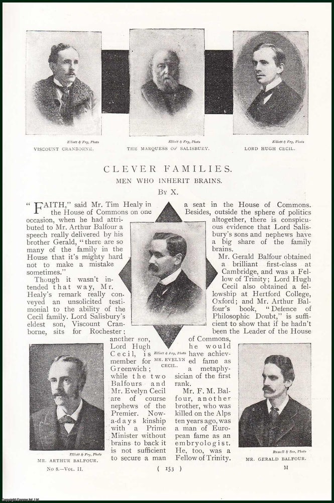 Item #247928 Clever Families. Men Who Inherit Brains : Mr. Justice Kennedy ; Lord Rothschild ; Viscount Cromer ; Mr. Dunbar Barton ; Sir F. Pollock & others. An uncommon original article from the Harmsworth London Magazine, 1899. Stated.