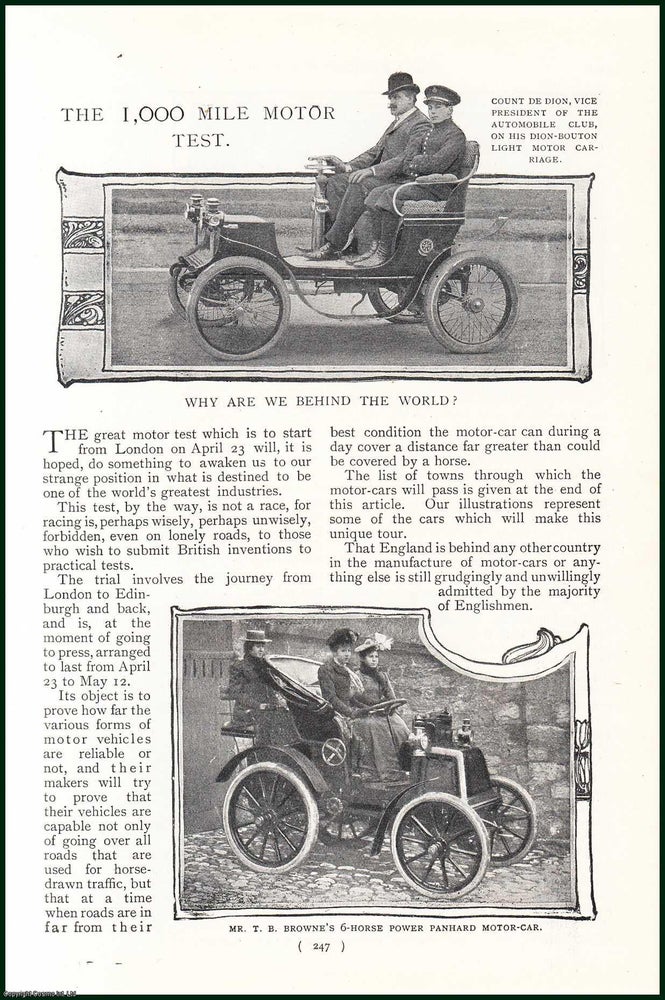 Item #248076 The 1,000 Mile Motor Test, The London To Edinburgh and Back Test : Why Are We Behind The World. An uncommon original article from the Harmsworth London Magazine, 1901. Stated.