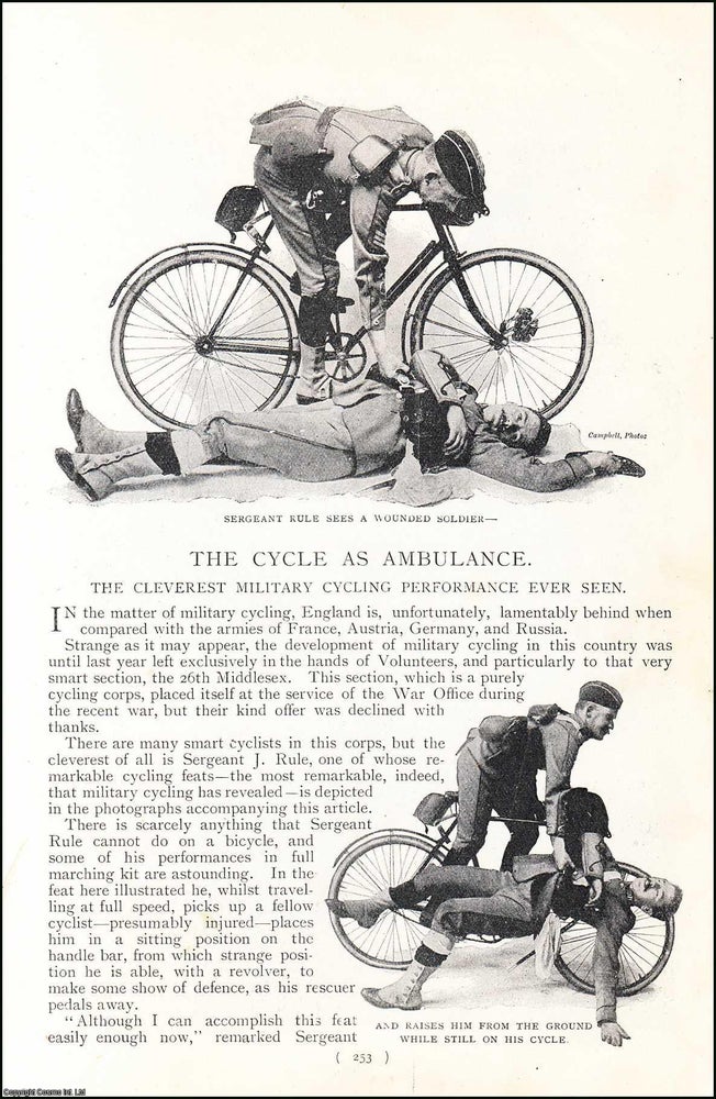Item #248077 The Cycle as Ambulance : the cleverest Military Cycling Performance ever seen. An uncommon original article from the Harmsworth London Magazine, 1901. Stated.