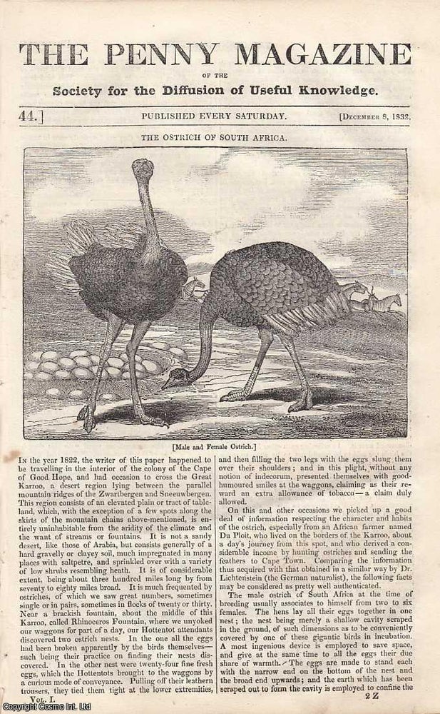 Item #249085 The Ostrich of South Africa; On Ancient India; Mount Versuvius; Carisbrook Castle; On Motion, etc. Issue No. 44, December 8th, 1832. A complete original weekly issue of the Penny Magazine, 1832. Penny Magazine.