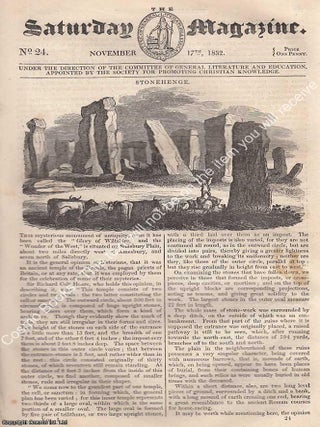The White Tiger ; On the Food of the Ancients ; Bishop Hough ; Stonehenge ; Longevity, Thomas Parr ; Of Value, etc. A complete rare weekly issue of the Saturday Magazine, 1832.