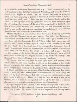 Masons' Marks at Westminster Hall. An article printed in 1887, written by Edwin Freshfield : 4 pages + 4 plates.