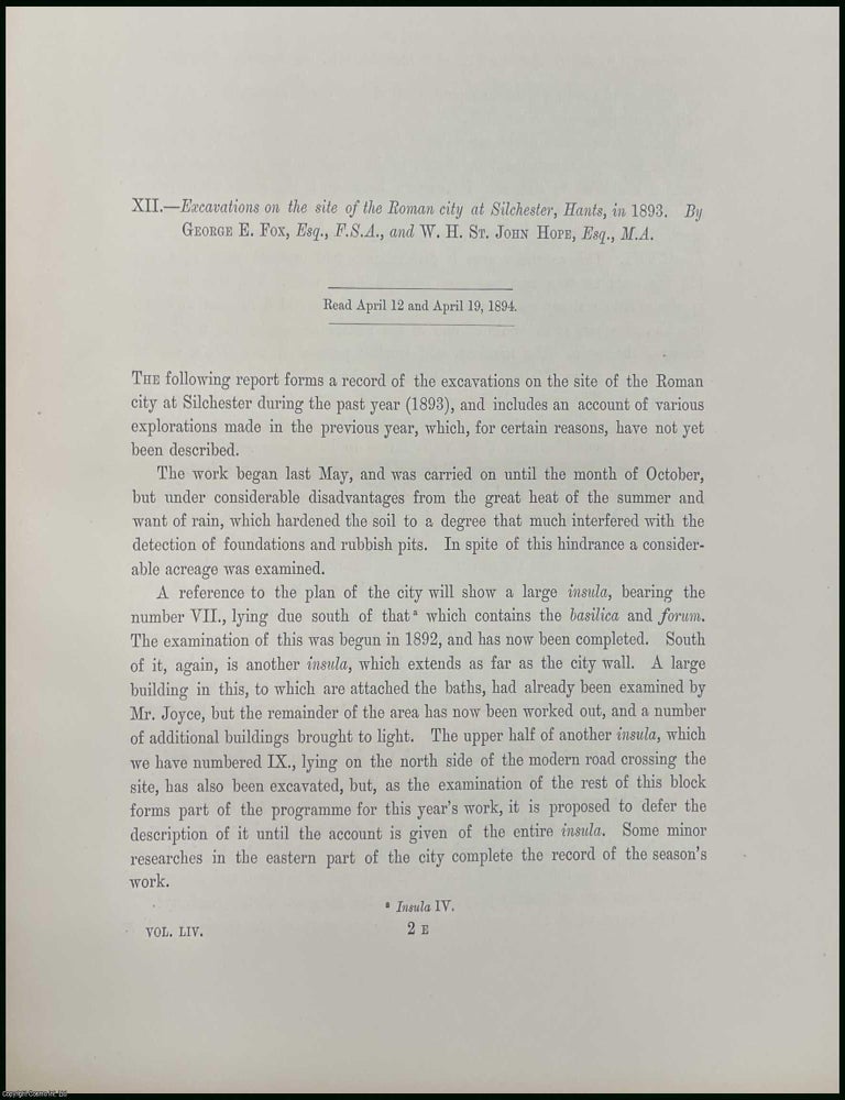 Item #251612 1893, Excavations on the site of the Roman city at Silchester, Hants. An article...