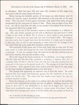 1898, Excavations on the site of the Roman city at Silchester, Hants. An article printed in 1899, written by W.H. St. John Hope : 22 pages, 4 illustrations, 3 plates, 1 large folding plan & 1 large folding plate.