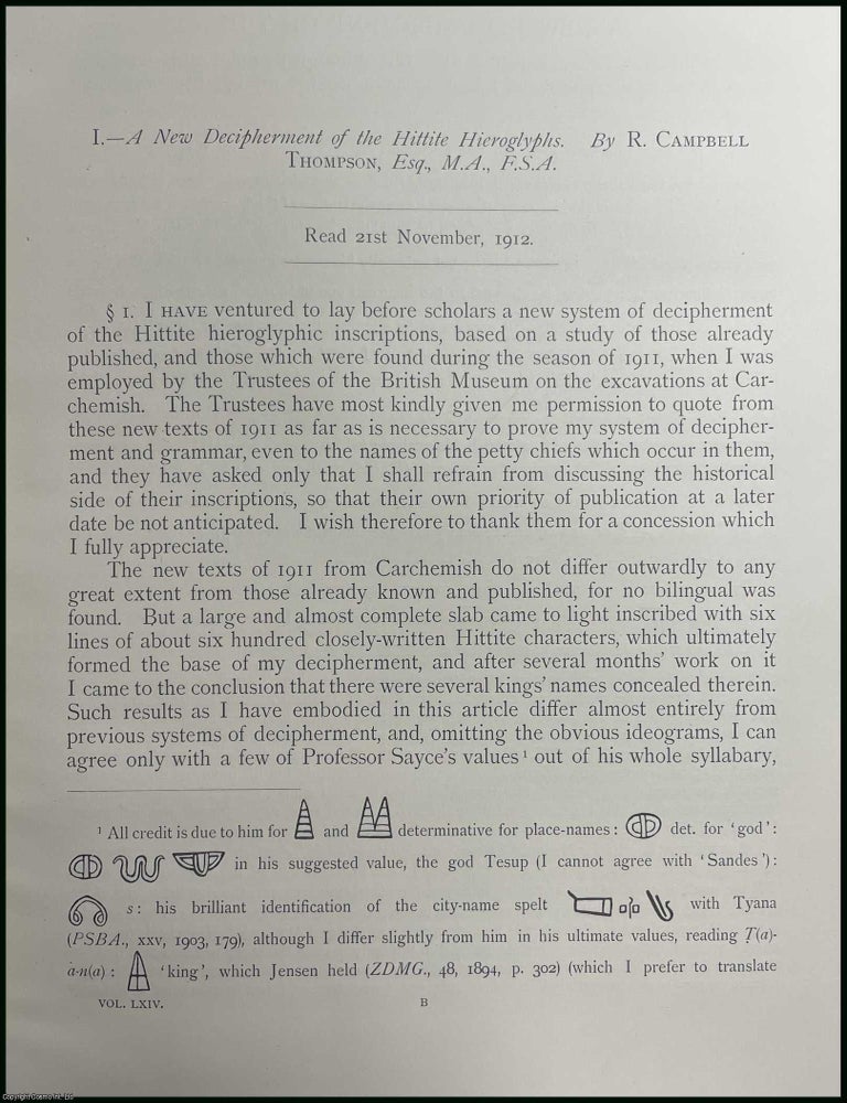 Item #251819 A New Decipherment of the Hittite Hieroglyphs. An article printed in 1912, written...