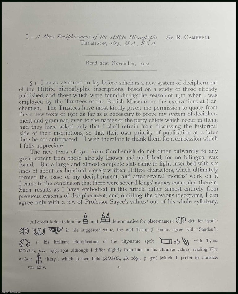 Item #251819 A New Decipherment of the Hittite Hieroglyphs. An article printed in 1912, written...