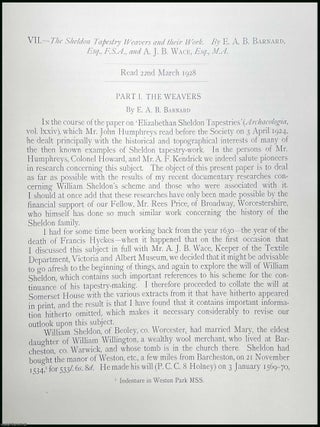 The Sheldon Tapestry Weavers and their Work. An article printed in 1928, written by E.A.B. Barnard, and A.J.B. Wace : 60 pages with 8 illustrations + 24 plates.
