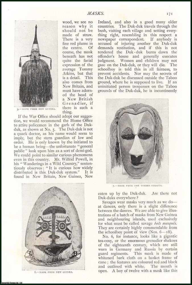 Item #254554 A Mask Used by North American Indians ; Dancing Mask From New Britain ; Mask From The Torres Straits & more : Masks. An uncommon original article from The Strand Magazine, 1898. E A. Brayley Hodgetts.
