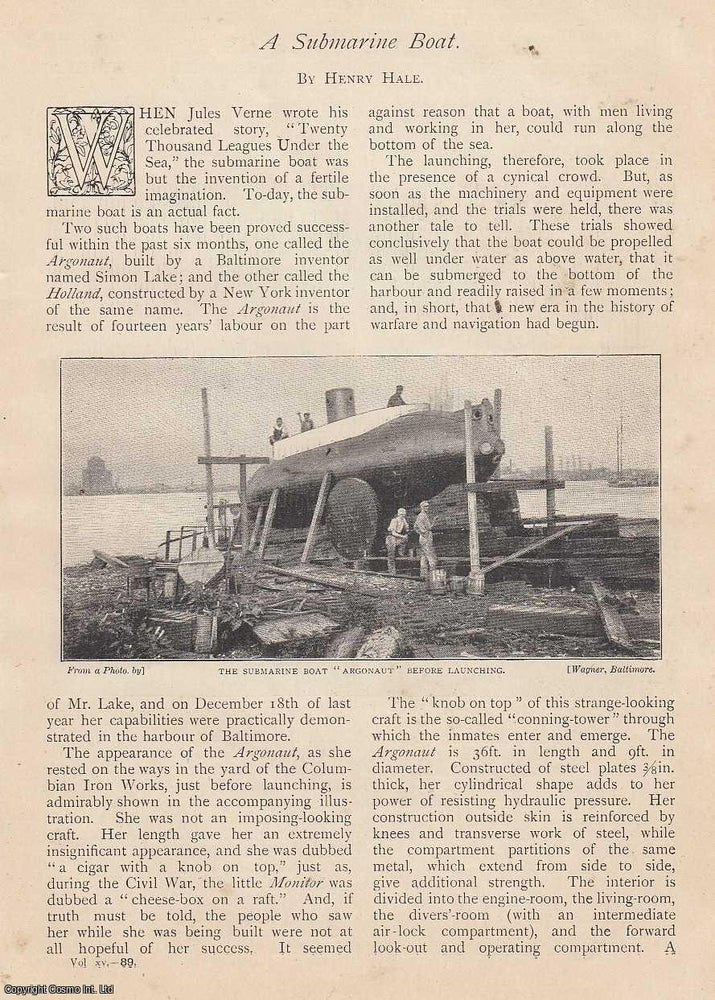 Item #254621 The Submarine Boat, Argonaut. Built by Simon Lake, a Baltimore Inventor. An uncommon original article from The Strand Magazine, 1898. Henry Hale.