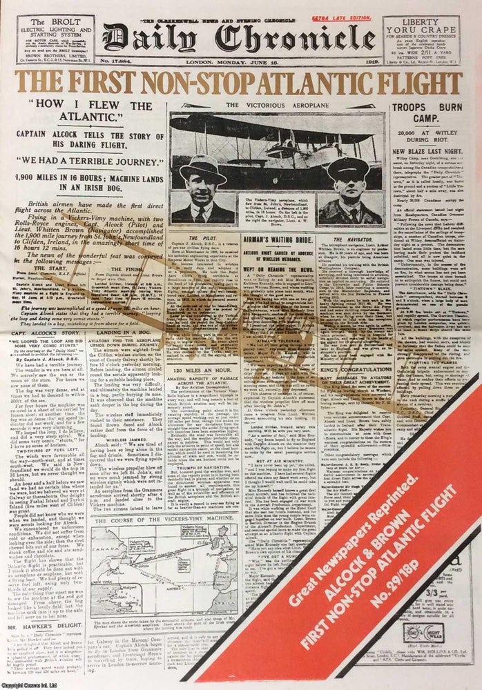 Item #257932 The First Non Stop Atlantic Flight. Daily Chronicle. Monday, June 16th, 1919. Great...