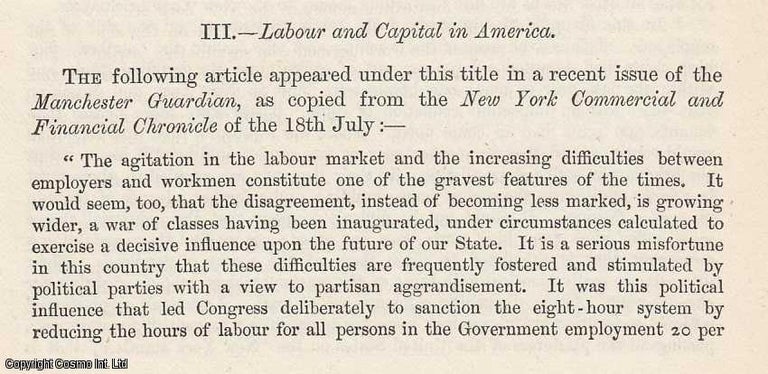Item #258302 Labour and Capital in America, 1868. Stated.