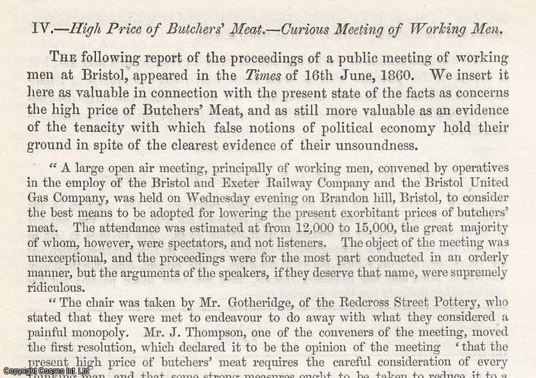 Item #258307 High Price of Butchers' Meat - Curious Meeting of Working Men. 1860. Stated.