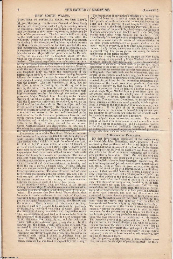 Item #258382 New South Wales. Major Mitchell's Explorations. Discovery of Australia Felix, or The Happy. TOGETHER WITH Native of The Darling. A two part article contained in The Saturday Magazine, 1839. Saturday Magazine.