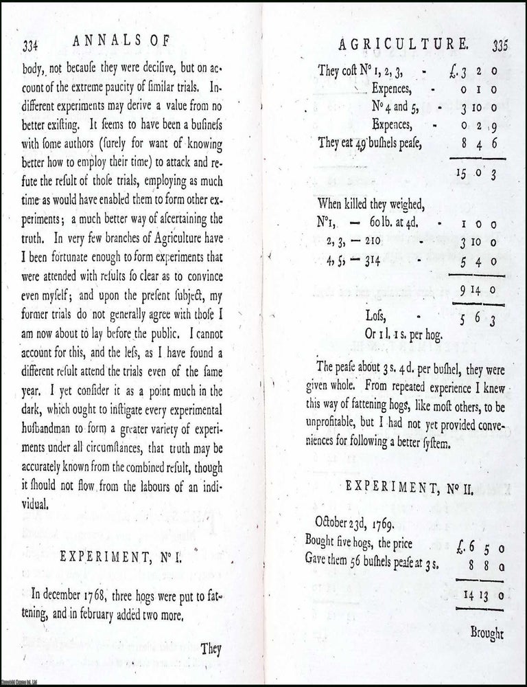 Item #263488 1784. Experiments on Fattening Hogs. 22 pages. An article printed in 1784, written...