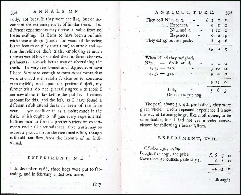 Item #263488 1784. Experiments on Fattening Hogs. 22 pages. An article printed in 1784, written...