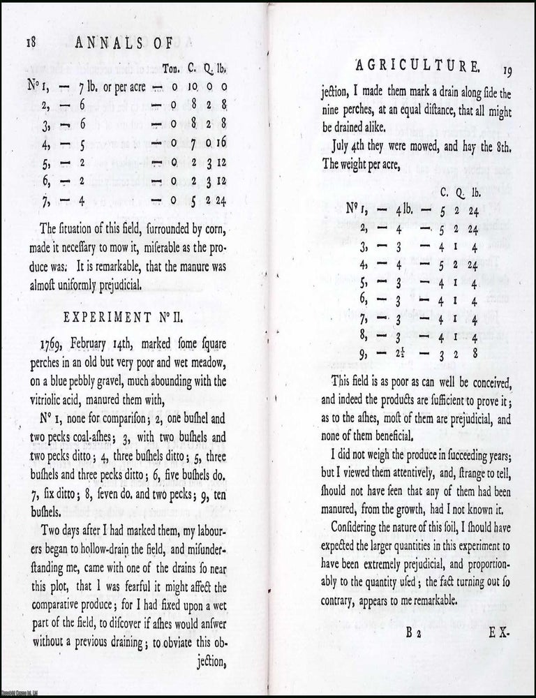 Item #263498 Experiments on Manures. A rare original article from the Annals of Agriculture,...