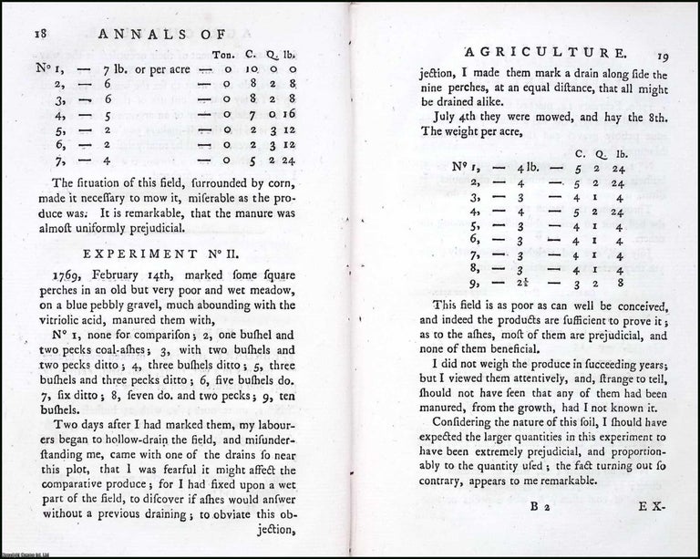 Item #263498 Experiments on Manures. A rare original article from the Annals of Agriculture,...