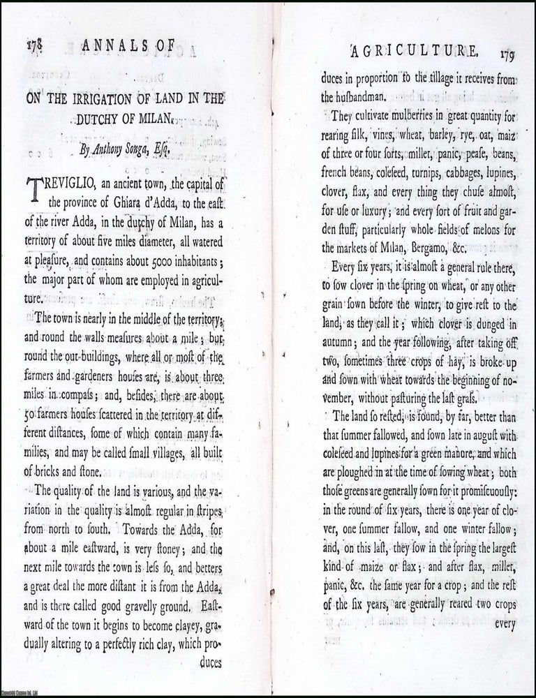 Item #263502 On the Irrigation of Land in the Dutchy of Milan. A rare original article from the...