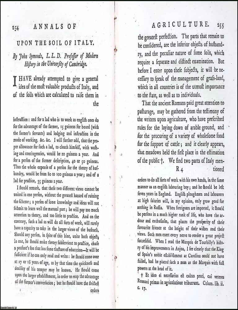 Item #263508 Upon the soil of Italy. A rare original article from the Annals of Agriculture, 1784. John John Symonds.