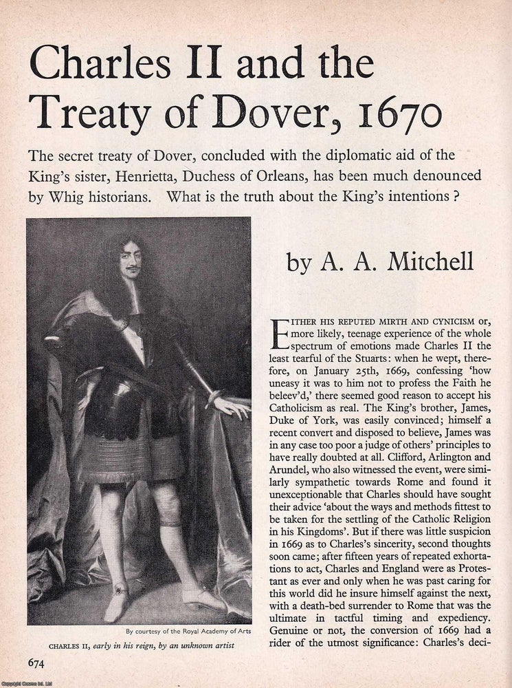Item #267161 Charles II and The Treaty of Dover, 1670. An original article from History Today magazine, 1967. A A. Mitchell.