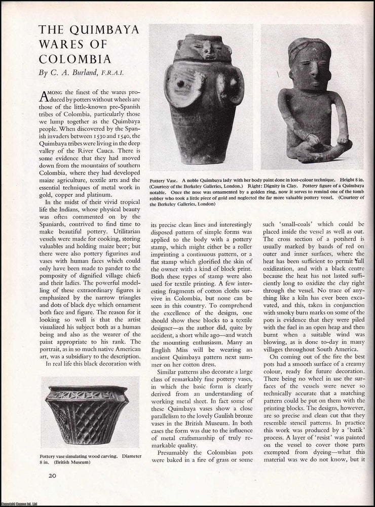 Item #268183 The Quimbaya Wares of Colombia. An original article from The Studio Magazine of Fine...
