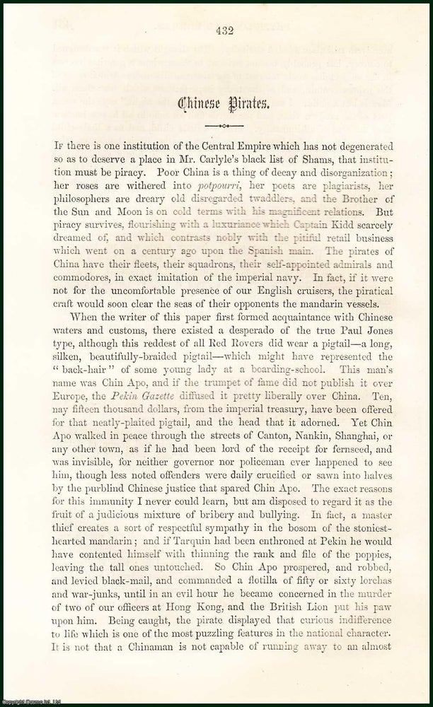 Item #274829 Piracy : Chinese Pirates. An uncommon original article from the Cornhill Magazine, 1860. Edward Townsend.