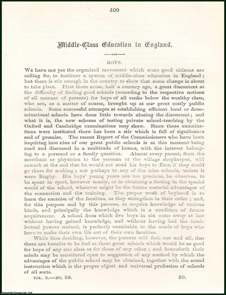 Item #275265 Middle-Class Education in England for Boys. An uncommon original article from the...