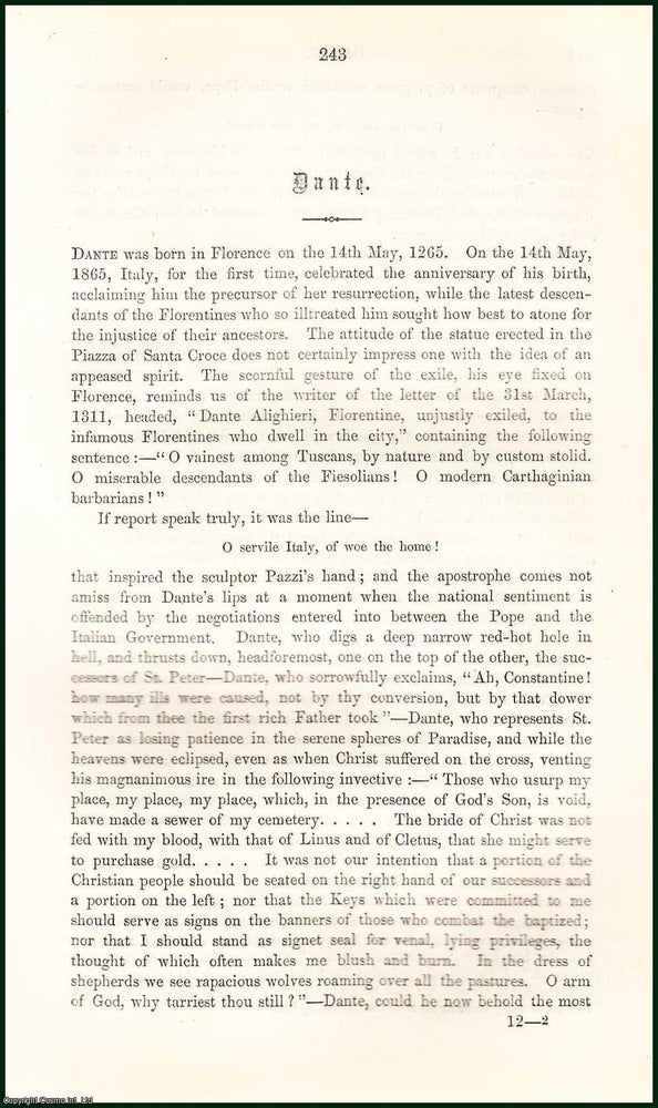 Item #275348 Dante, Italian Poet. An uncommon original article from the Cornhill Magazine, 1865. Alberto Mario.