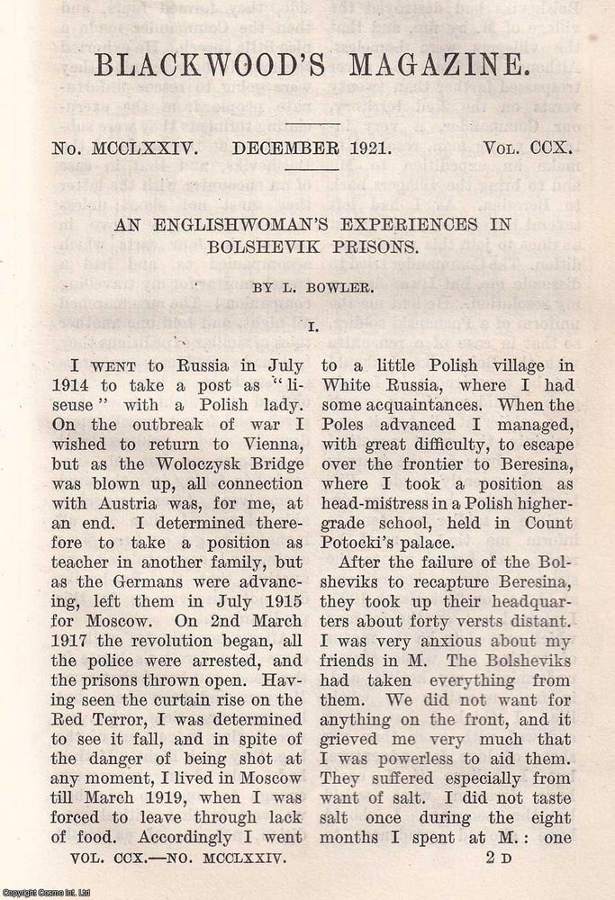 Item #277148 An Englishwoman's Experiences in Bolshevik Prisons. An original article from Blackwood's Edinburgh Magazine, 1921. L. Bowler.