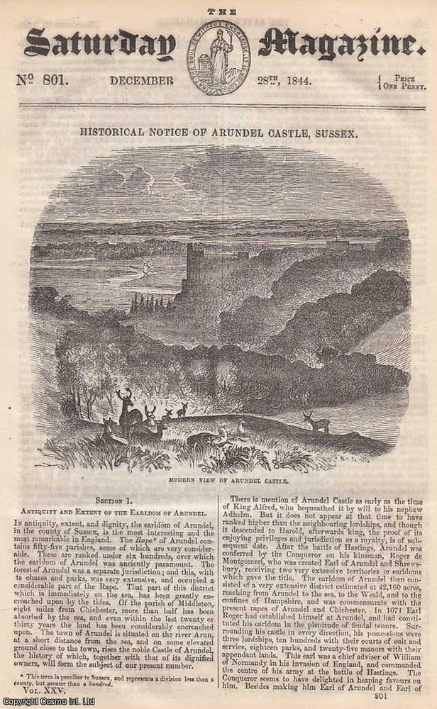 Item #281379 Arundel Castle, Sussex: Antiquity and Extent of The Earldom of Arundel. Issue No. 801. December, 1844. A complete original weekly issue of the Saturday Magazine, 1844. Saturday Magazine.