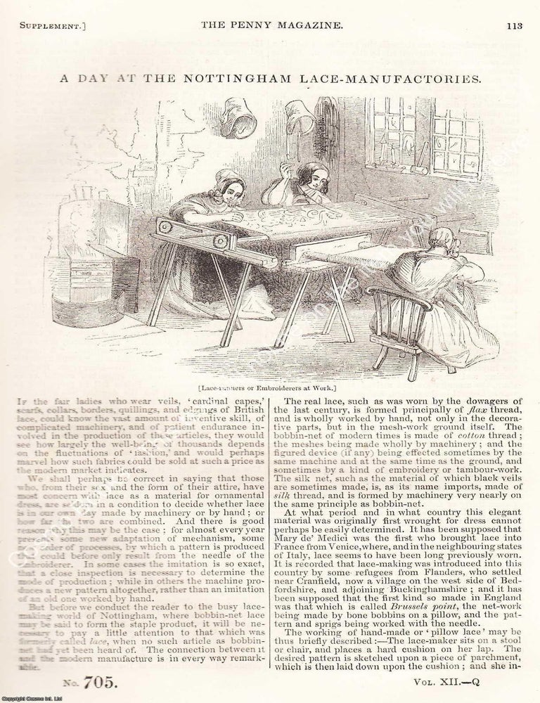 Item #283856 The Nottingham Lace-Manufactories, in 1843. The Penny Magazine : An Original Charles Knight Publication for SDUK. NOTTINGHAM LACE MAKING 1843.