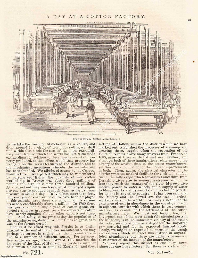 Item #283872 Manchester 1843 : A Day at a Cotton-Factory. The Penny Magazine : An Original Charles Knight Publication for SDUK. MANCHESTER COTTON FACTORIES 1843.
