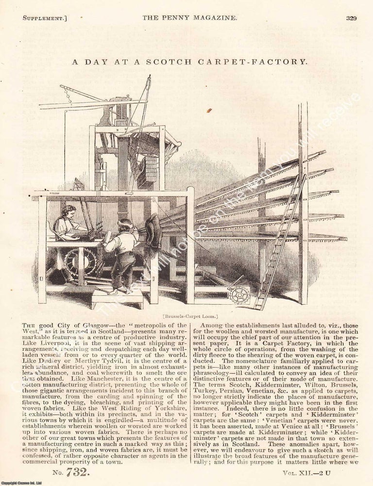 Item #283883 A Glasgow Carpet Factory in 1843. The Penny Magazine : An Original Charles Knight Publication for SDUK. SCOTTISH CARPET PRODUCTION 1843.