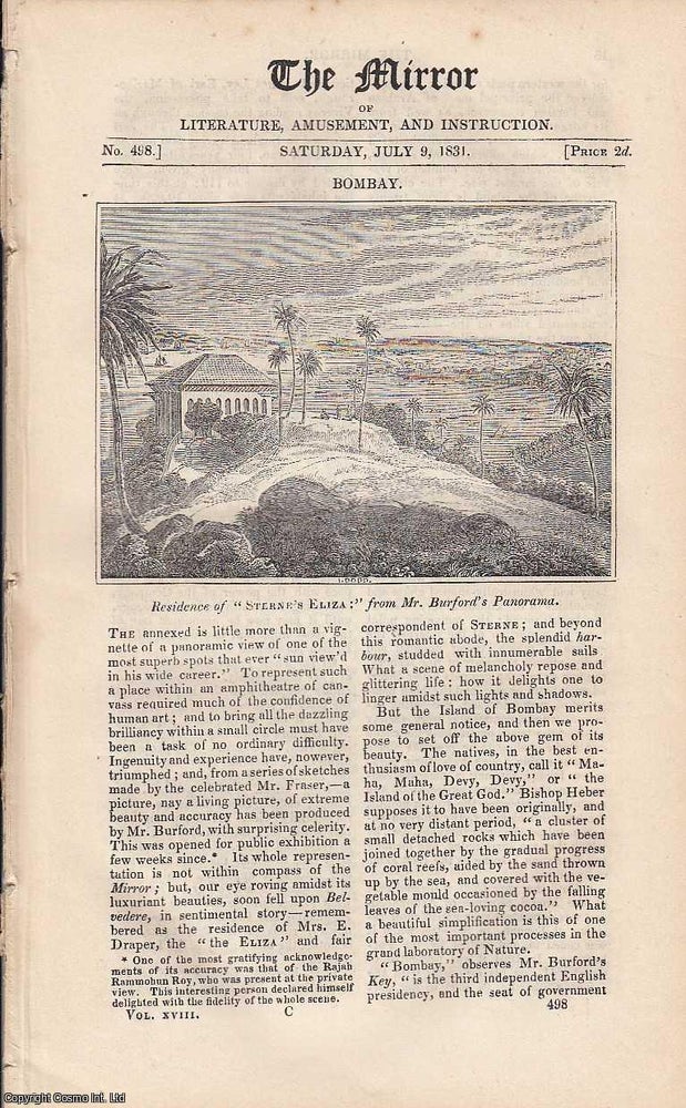 Item #305393 The Residence of Mrs. E. Draper, the 'Eliza' of Sterne, on the Island of Bombay, and The River Niger Termination in the Sea. A complete rare weekly issue of the Mirror of Literature, Amusement, and Instruction, 1831. THE MIRROR.