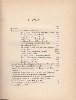 The Unton Inventories, relating to Wadley and Faringdon, Co Berks. in the years 1596 and 1620, from the Originals in the possession of Earl Ferrers. With a Memoir of the Family of Unton. By John Gough Nichols. Printed for the Berkshire Ashmolean Society by John Bowyer Nichols & Sons 1841.