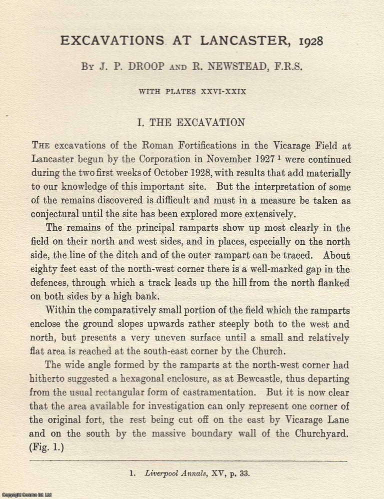 Item #306300 Exavations at Lancaster, 1928. A rare article from the Annals of Archaeology and...