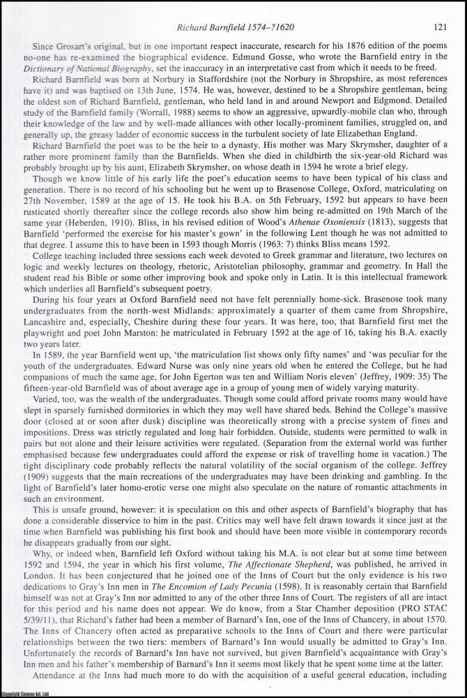 Item #308714 Richard Barnfield (Shropshire Poet). This is an original article from the Shropshire...