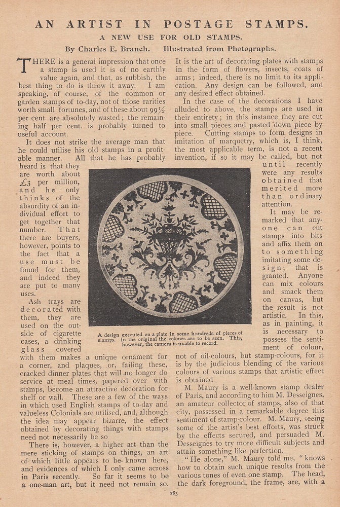 Item #309145 An artist in postage stamps, M. Desseignes, Paris. A new use for old stamps....
