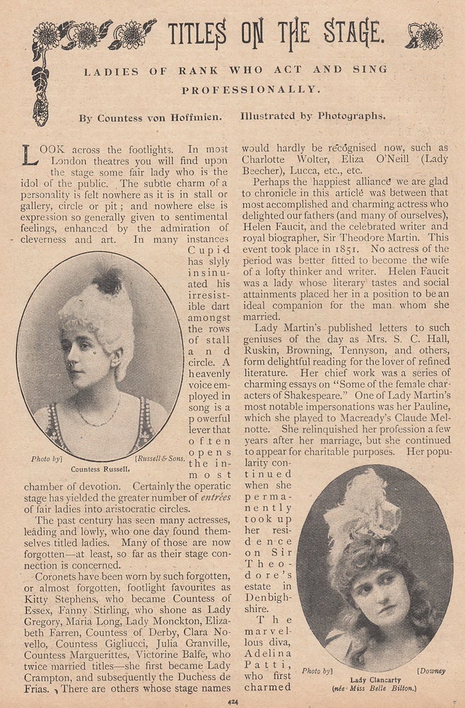 Item #309155 Titles on the stage. Ladies of rank who act professionally. Illustrated with photographs. This is an original article from the Penny Pictorial Magazine, 1899. Countess von Hoffmein.