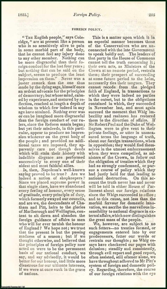 Item #311086 Foreign Policy : A summary and review. An uncommon original article from the Blackwood's Edinburgh Magazine, 1835. Alfred Mallalieu.