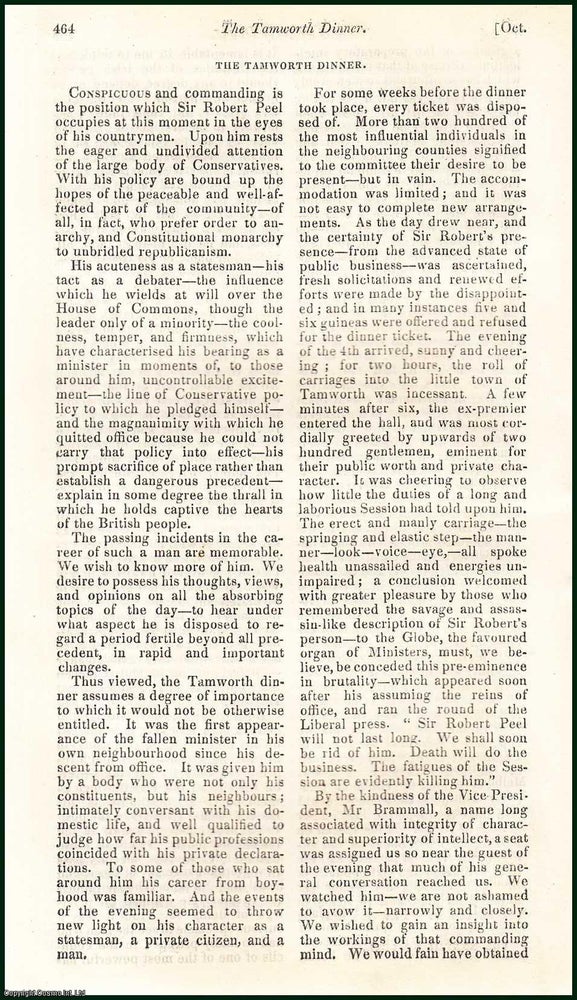 Item #311098 The Tamworth Dinner (Sir Robert Peel). An uncommon original article from the Blackwood's Edinburgh Magazine, 1835. Erskine Neale.