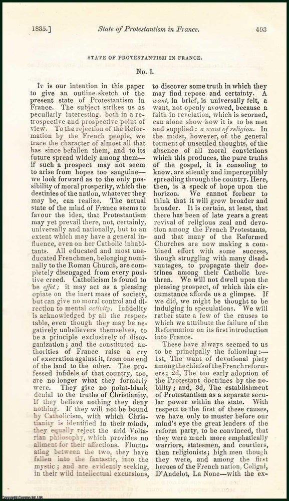 Item #311099 State of Protestantism in France. An uncommon original article from the Blackwood's Edinburgh Magazine, 1835. Arnout O'Donnel.