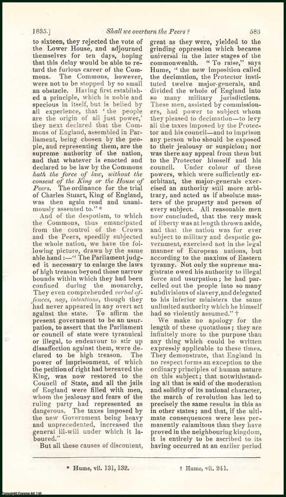 Item #311102 Shall We Overturn the Peers, Peerage. An uncommon original article from the Blackwood's Edinburgh Magazine, 1835. Alison Alison.