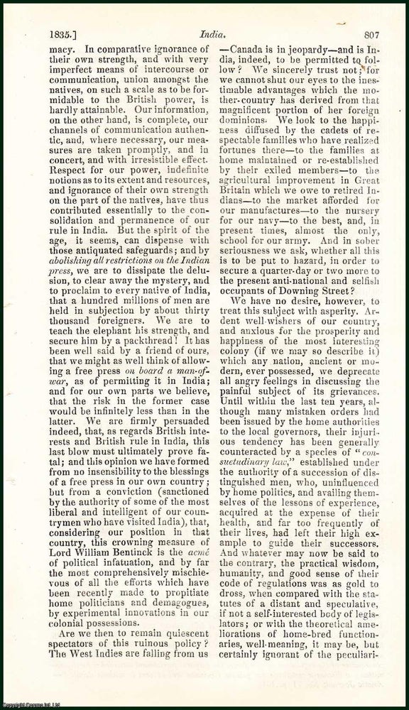 Item #311111 India. An uncommon original article from the Blackwood's Edinburgh Magazine, 1835. James Stanislaus Bell.