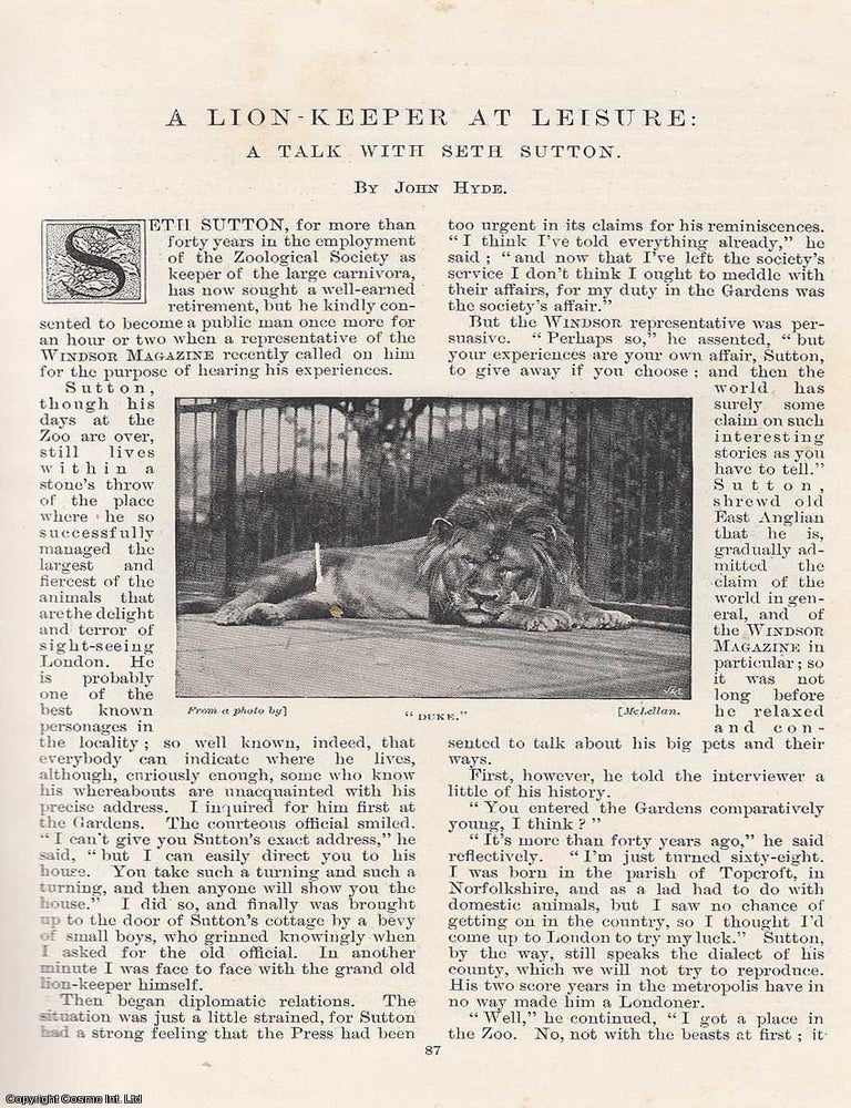 Item #314564 A Talk with Seth Sutton : A Lion-Keeper at Leisure. 5 pages, illustrated. An article...