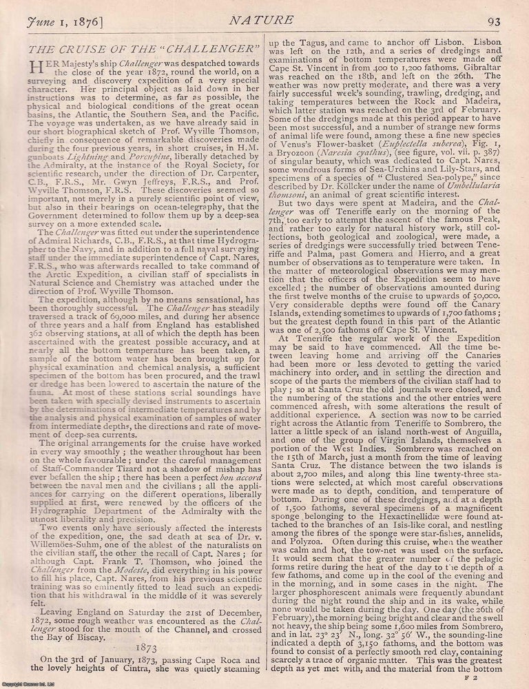 Item #316443 The Cruise of the Challenger, pp93-105, together with a Memour of Charles Wyville Thomson with steel engraved portrait, pp85-87, in Nature, Volume 14, Number 344. Nature. A Weekly Journal of Science. Thursday, June 1st, 1876. HMS CHALLENGER ROUND THE WORLD VOYAGE.