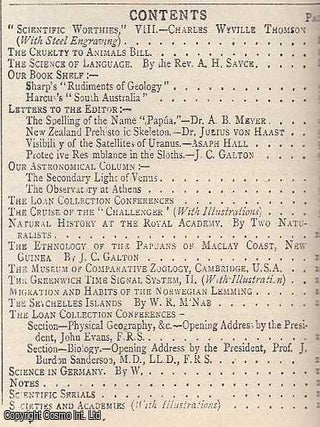 The Cruise of the Challenger, pp93-105, together with a Memour of Charles Wyville Thomson with steel engraved portrait, pp85-87, in Nature, Volume 14, Number 344. Nature. A Weekly Journal of Science. Thursday, June 1st, 1876.